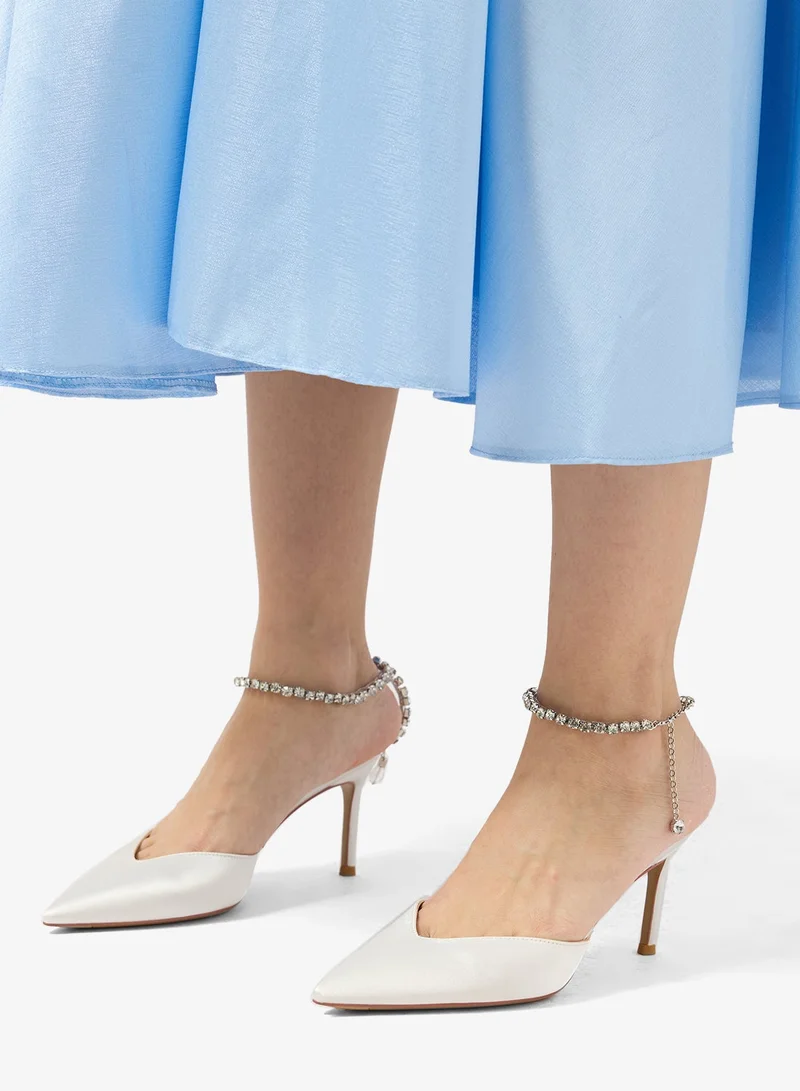 Namshi x Rhinestone Embellished Strap Mid Heel Silver Pumps